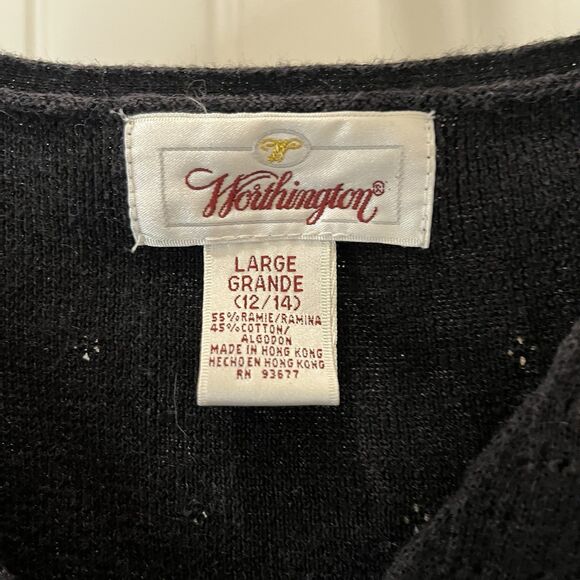 Vintage Worthington Eyelet Black Button Up Short Sleeve Knit Top Womens Size L - Picture 3 of 9